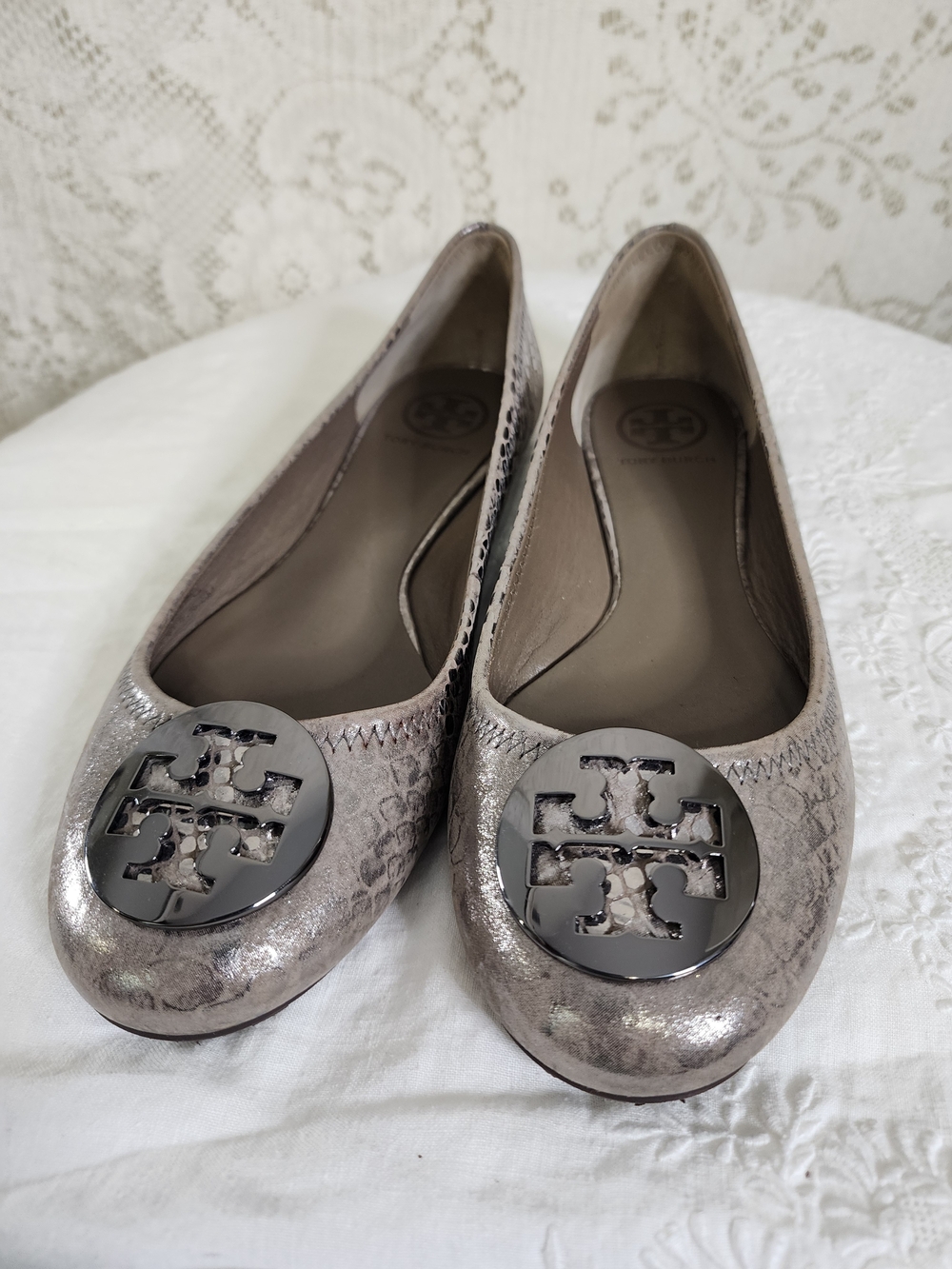 Tory Burch Metallic Silver Snake-Print Reva Flats